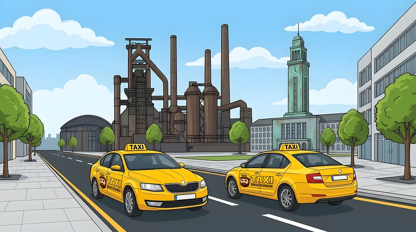 Ilustrovaná Ostrava se žlutým taxi